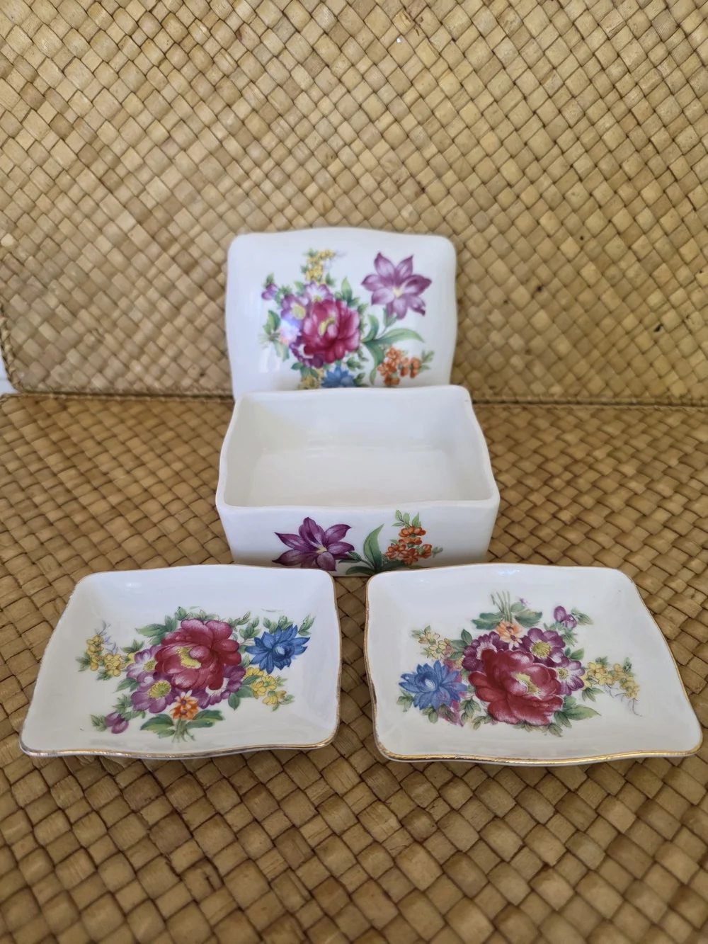 Porcelain Floral Trinket Box - White with Multicolor Flowers